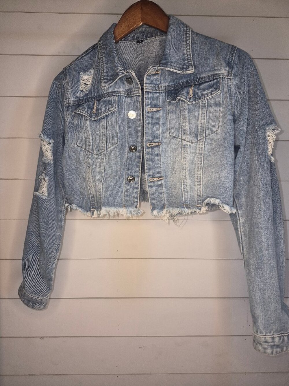 Light Blue Distressed Cropped Denim Jacket